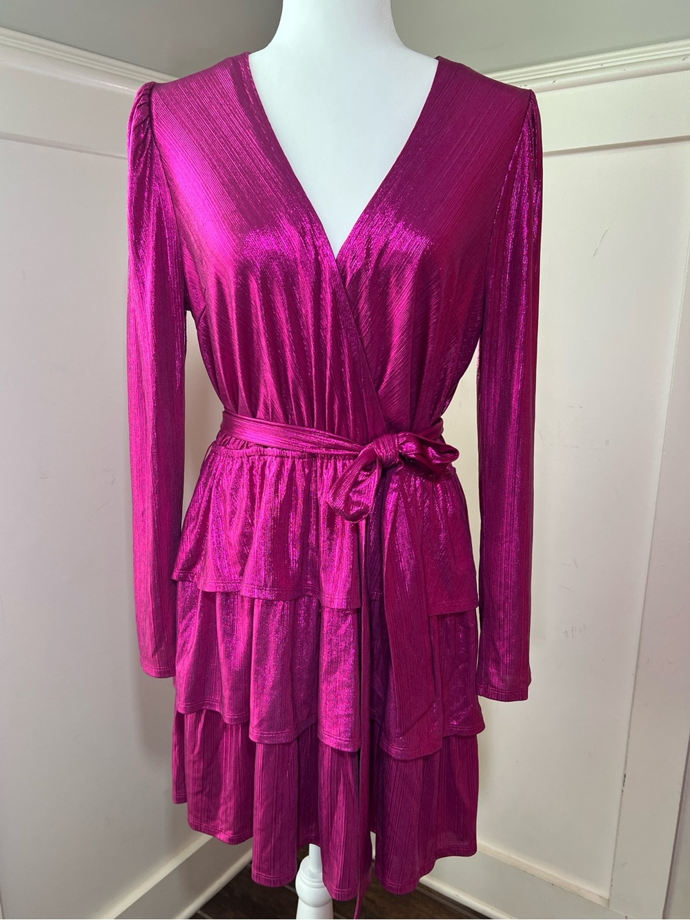 VICI Metallic Fuchsia Tiered Ruffle Wrap Dress